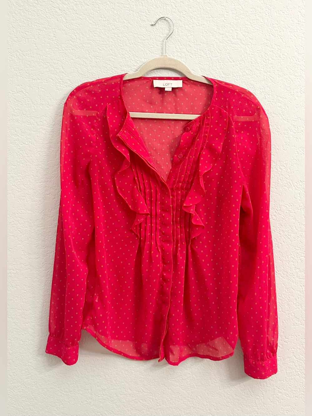 LOFT Pink Gold Star Ruffle Pintuck Blouse Sheer Top M